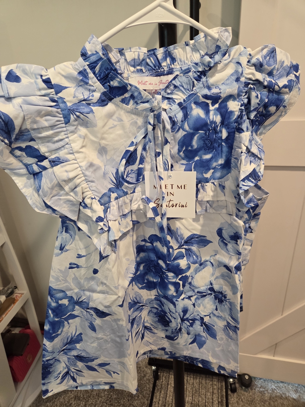 Blue & White Floral Ruffle Sleeve Top